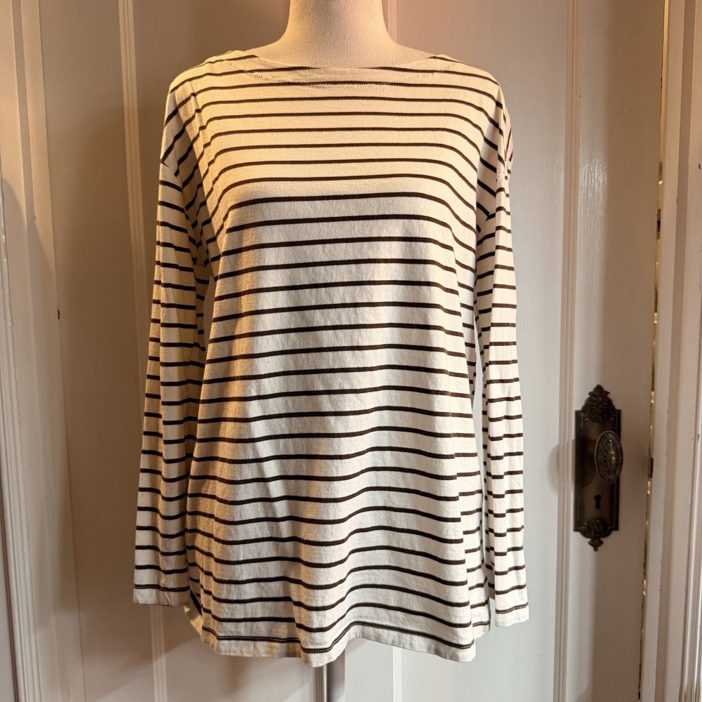 Zara Basics Women's Boat Neck Brown  And Ivory Stripe Top Size M
